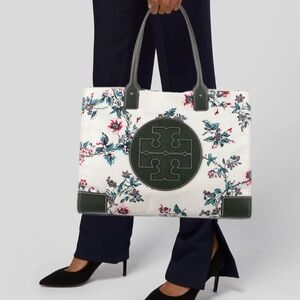 Tory Burch Ella printed tote bag featuring a Lyonnaise floral pattern